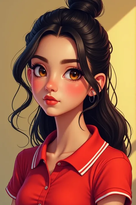 Please create a  girl with long hair tied up, wearing a red polo shirt with a white collar and a face with Latin features.