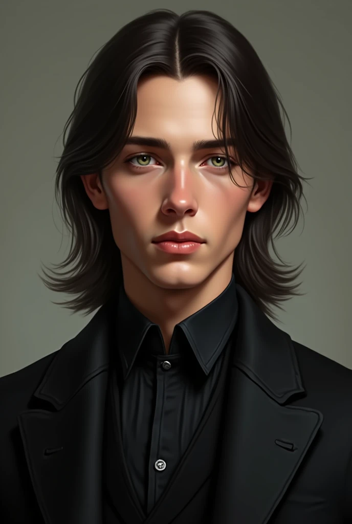 realistic,victorian era, man with shoulder length straight dark hair and slightly tan skin, dresses in all black, sharp features,slavic,late 20s, skinny, no facial hair, handsome, light green eyes 