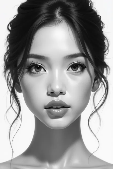 Create symmetrical face art girl realism portrait Black and white color  pilipina beauty front view that balance each same side