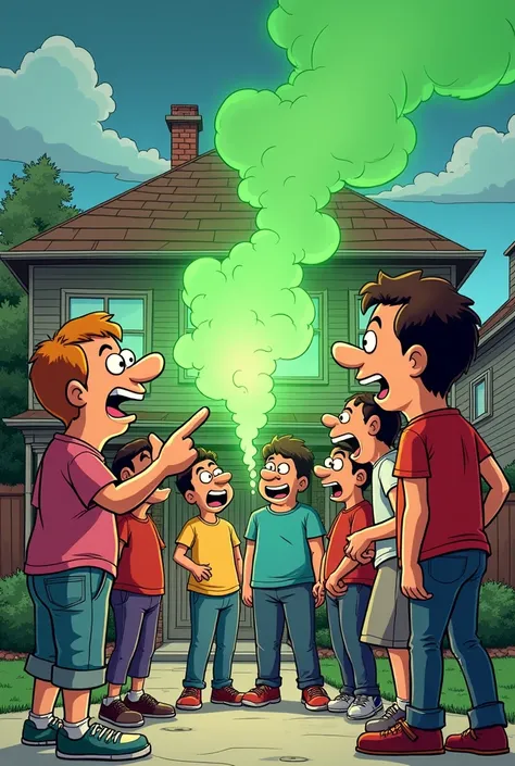 people laughing a lot making fun of someone they are outside the house green smoke coming out of the doors and windows of the house (90&#39;S DRAWING STYLE)