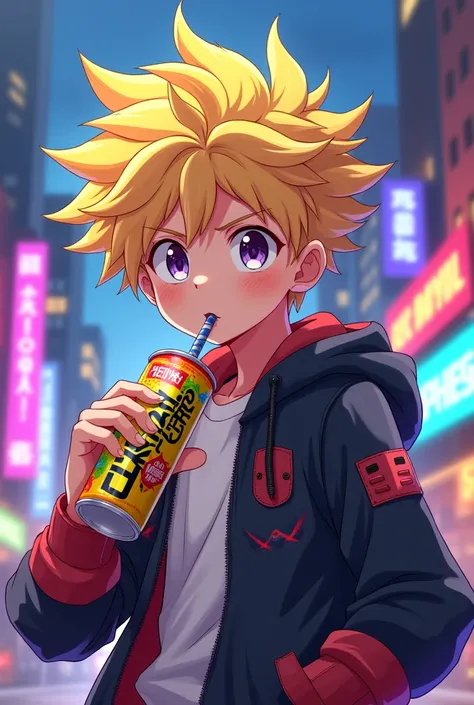 Make me an anime character with blonde hair. Who drinks energy drinks 