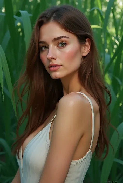 Woman posing on a green background with brown hair and real features not drawn
