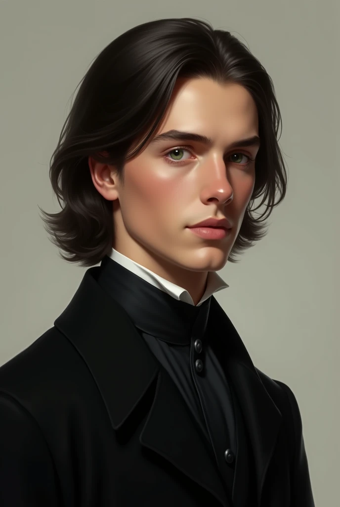 realistic,victorian era, man with shoulder length straight dark hair and slightly tan skin, dresses in all black, sharp features,slavic,late 20s, skinny, no facial hair, handsome, light green eyes 