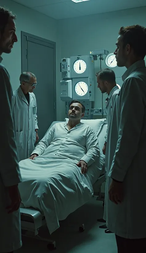 A group of doctors observing Al Herpin in a clinic room, monitors showing no signs of sleep, the doctors looking puzzled, Al sitting relaxed, casual environment, scientific equipment from early 1900s, cinematic, realistic, mysterious atmosphere