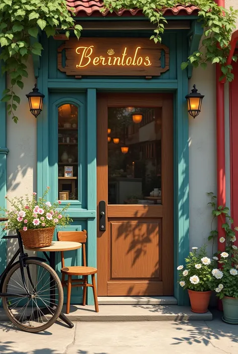 A cafe front door with table and chair and bicycle with flowers and concrete pavement 