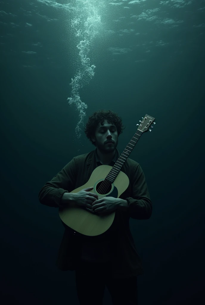 A sad young man that is sinking in the ocean with no light with his guitar and he is going to die and its his last breath