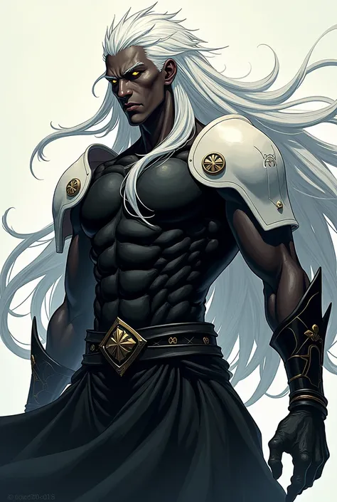 one  men, skin black, long white hair, yellow iris eyes, wearing black chest armor, white shoulder pads and a black skirt. anime art style.