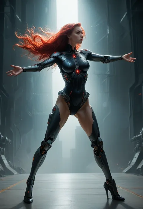 A beautiful cyborg woman, long flowing red hair, piercing blue eyes, full body, arms outstretched, legs straight, staring ahead, intricate mechanical details, photorealistic, 8k, hyperdetailed, chiaroscuro lighting, dramatic shadows, realistic textures, ci...