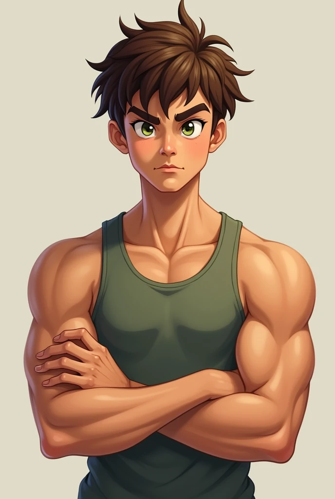 A muscular young boy young teen with fluffy brown hair tanktop shirt,green eyes armpit