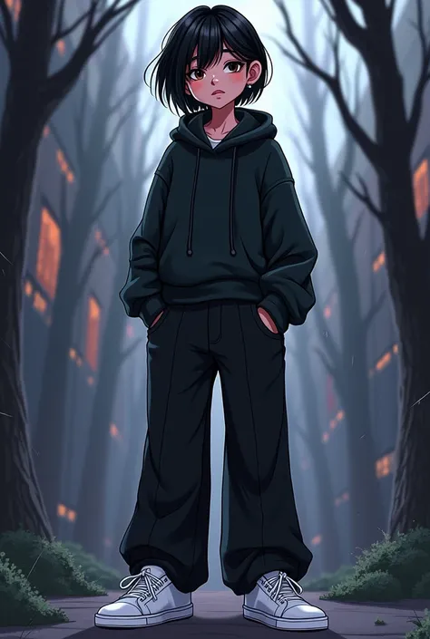 (Black hair length:2), brown eyes, wide black pants,hoodie, white sneakers,short,(chest:0.7),(thin:0:7),goth, gravity falls visual style style
