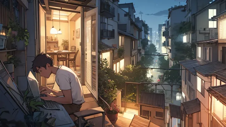 (best qualityer:0.8) side view of the apartment where there is a young boy inside messing around on his computer, with a garden outside the balcony, cityscape at night, warm atmosphere, priority in the environment