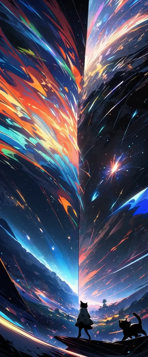 Animated paintings inspired by Makoto Shinkai, space art, (sideways looking at the sky (black cat)), mysterious, fantastic, meteor shower, complex light, ((unmanned)),