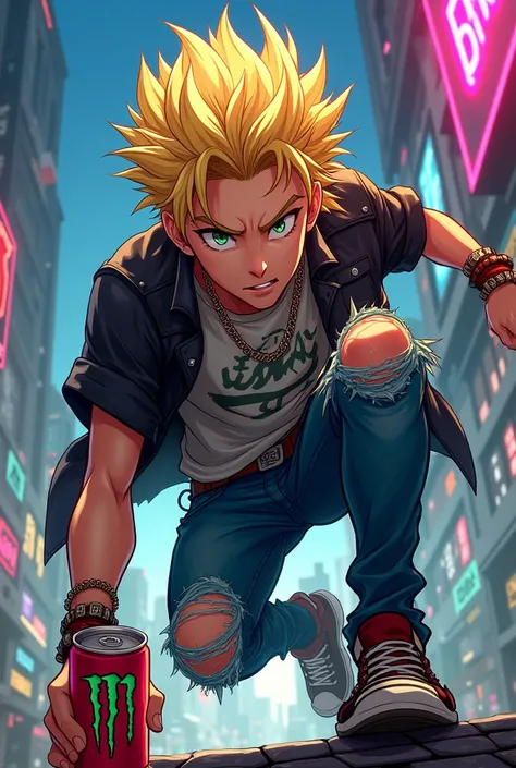 Make me a boy anime character with blonde hair. The Monster Energy Drinks drinker 