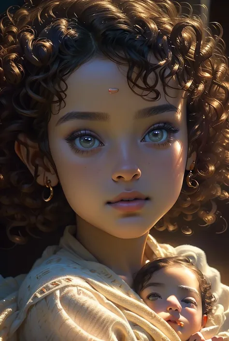 a baby girl with short curly brown hair,a woman holding the baby,beautiful detailed eyes,beautiful detailed lips,extremely detailed eyes and face,long eyelashes,soft lighting,warm colors,dreamy atmosphere,award winning,intricate details,photorealistic,8k,h...