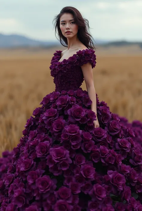 A 3D photo of a woman with captivating eyes wearing a mesmerizing very dark purple dress made of roses, The dress is formed by a breathtaking arrangement of deep dark purple roses in a field. The dress has a spiral pattern and is seamlessly connected. The ...