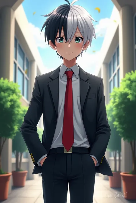 An 1 boy with a quiet but at the same time fun attitude who is tall and has black and white hair who wears a uniform like a suit with a red tie is a young boy who is in high school 