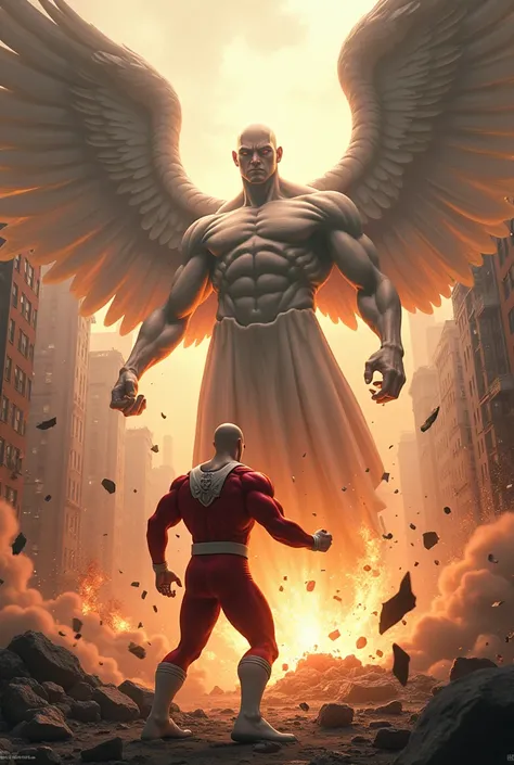 one punch man punching a 7 meter tall angel very hard,in a destroyed city, on fire


