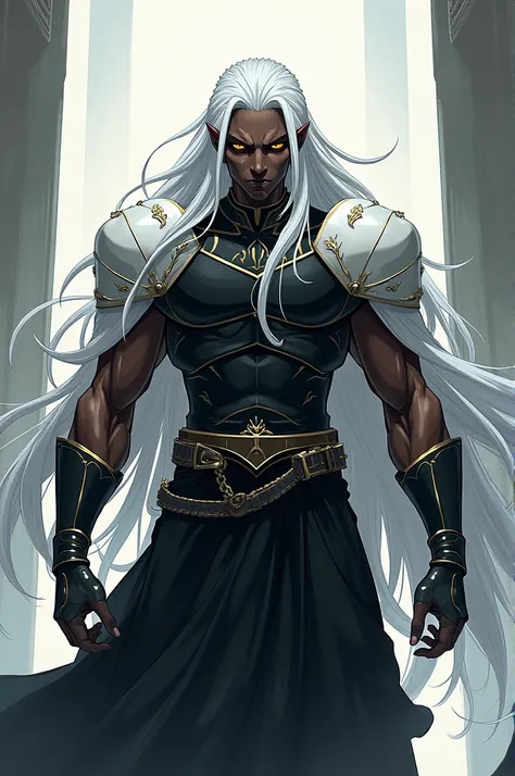 one  men, skin black, long white hair, yellow iris eyes, wearing black chest armor, white shoulder pads and a black skirt. anime art style.