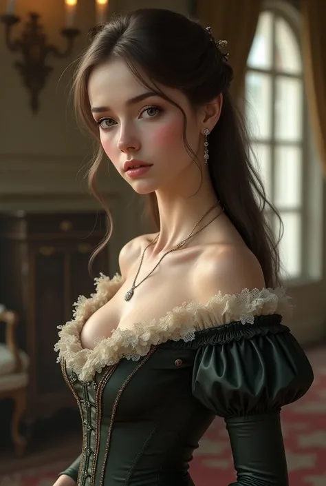 realistic,victorian era, woman with waist length straight mousy hair and pale nearly white skin, dresses posh, round features,early 20s, skinny, beautiful,dark brown eyes, small chest