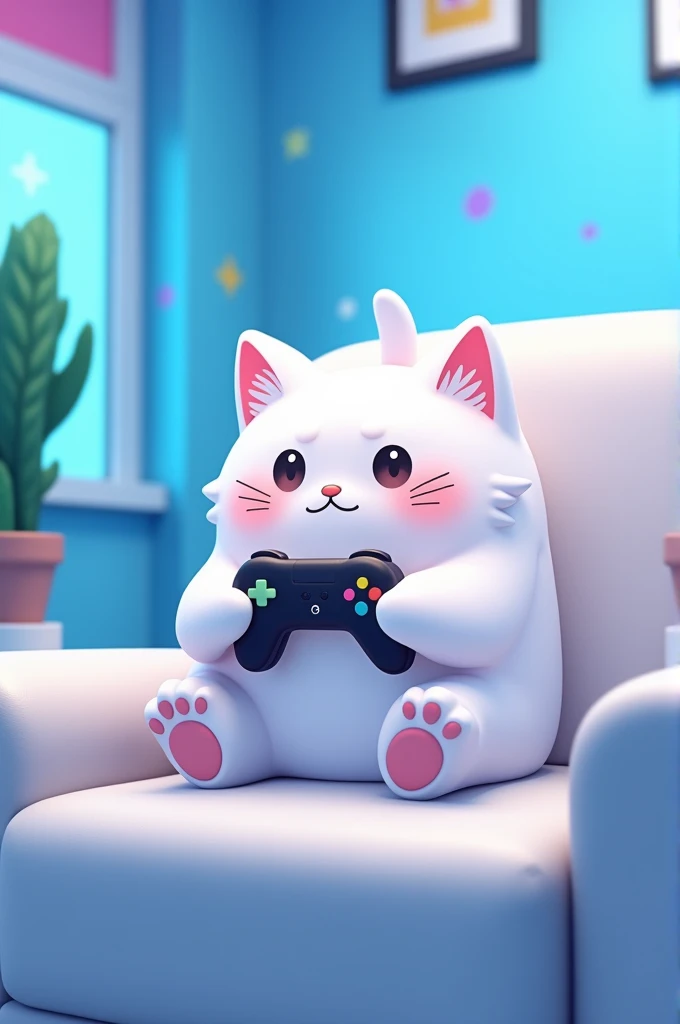 Un chat blanc comme dans les animé/manga  sur roblox tenant une manette de jeux vidéos dans ses mains assis sur un canapé blanc avec un arriere plan bleu et des effets de jeux videos en rapport avec le jeu roblox