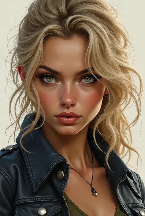 She’s strong and has dirty blond hair that reaches her shoulders. She has black eyes, sharp cheekbones but full cheeks and a dimple in her chin. Her lips are thin. 