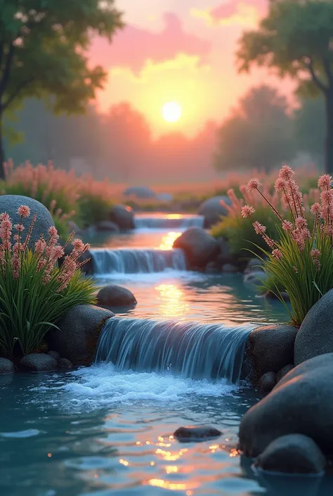 A cascade in river. Stones glass flowers sunset