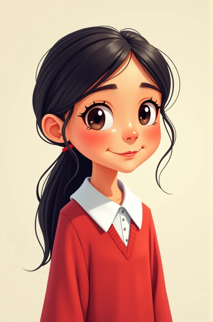 It says a girl in the form of a cartoon that she is a student with Latin features, long hair but tied back and that she has a red color with a white collar.