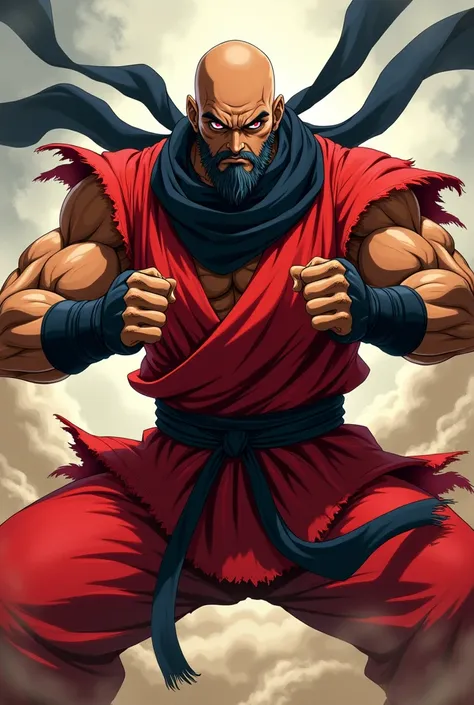 An anime character with the following characteristics;
Wears red fighter&#39;s outfit, long black scarf, Eyes red, baldie, medium beard and dark brown skin in fighting pose