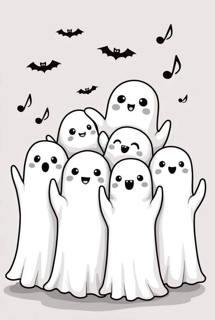 coloring linear graphics black and white without shadows and fills, Cute and Kawaii Halloween, cute ghosts sing in the choir