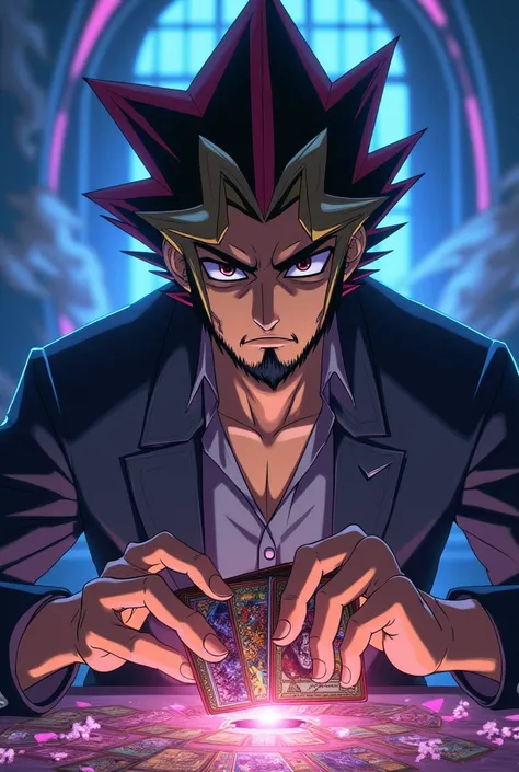 Generate image of a dark-haired man with a thin beard and black hair playing Yu-Gi-Oh in anime with cards in hand 