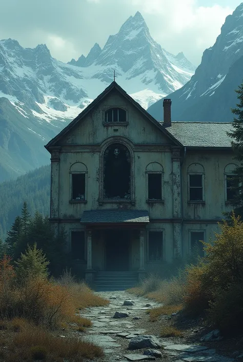 An abandoned hospital in the mountains with a terrifying figure in the window 
