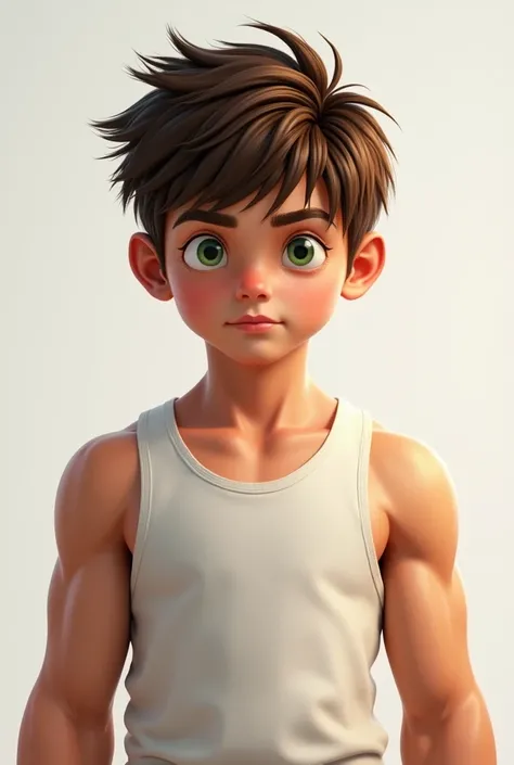 A muscular young boy child with fluffy brown hair white tanktop shirt,green eyes