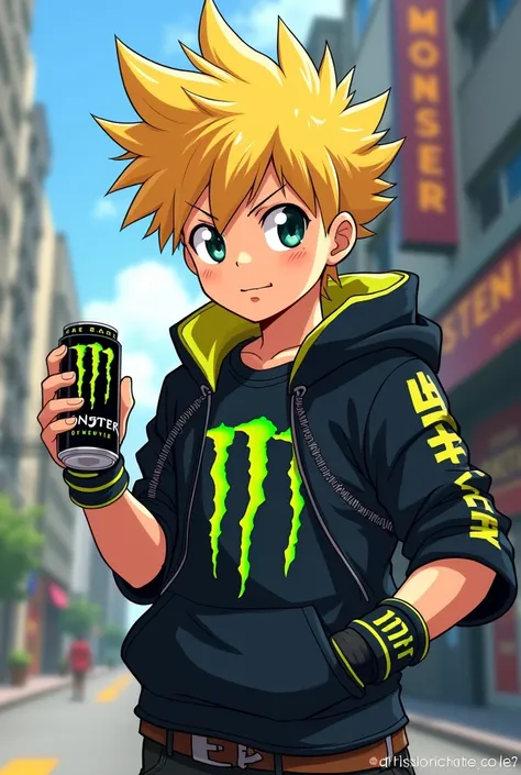 A boy anime character. with blond hair. The Monster Energy Drinks drinker 