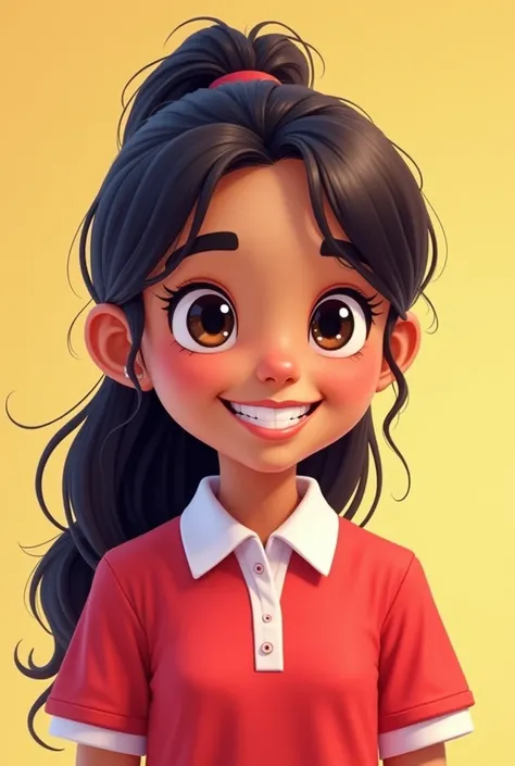 It says a girl in the form of a cartoon that she is a student with Latin features, long hair but tied back and that she has a red polo shirt with a white collar.