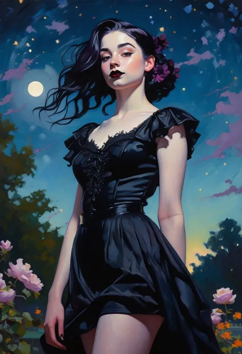 painting of a pale-skinned muscular raven-haired goth teenage girl in the style of Norman Rockwell, standing confidently in a moonlit park, nude, ((muscular body:1.1)), vibrant flowers surrounding her, a gentle breeze tousling her hair, a soft smile on her...