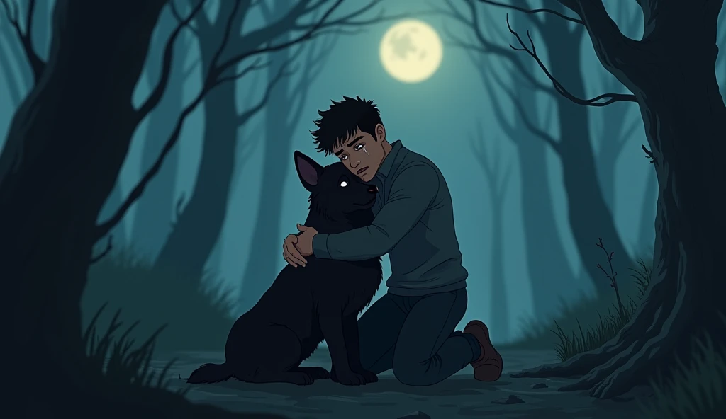 A handsome young man, kneeling on the wet ground of a dark forest, cries uncontrollably as he hugs his black German shepherd dog. Her arms wrap tightly around the animal, seeking comfort in its dark fur, while tears fall down her face. Around him, the twis...