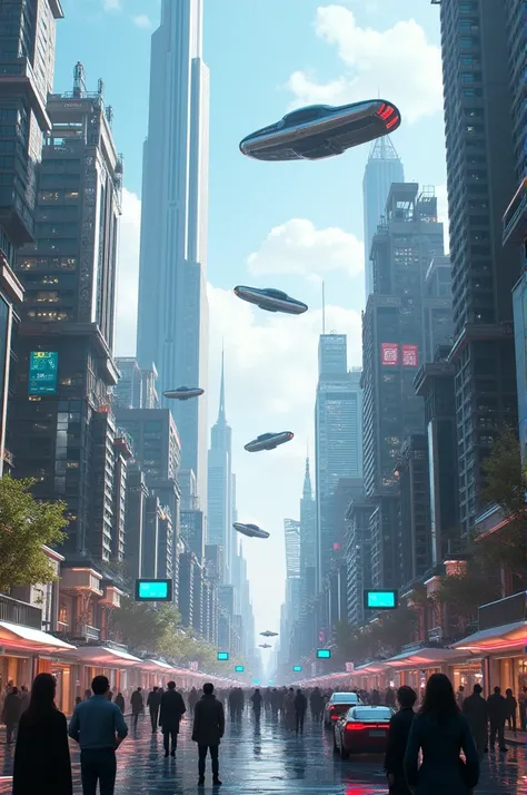 Futuristic cityscape in the year 2050, with sleek skyscrapers, flying cars, and advanced AI holograms projected in the air. The streets are bustling with people interacting with robotic assistants and AI interfaces. The atmosphere is bright and technologic...