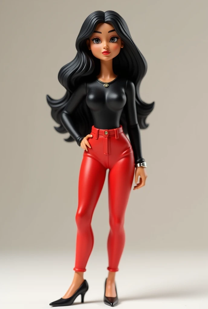 Create a funkopop doll; woman with long black hair, black long-sleeved shirt, with a small necklace, red pants and black high heels, that has a watch on the wrist of the hand.