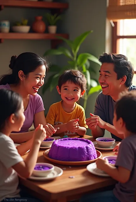 a happy family eating purple mazamorra

