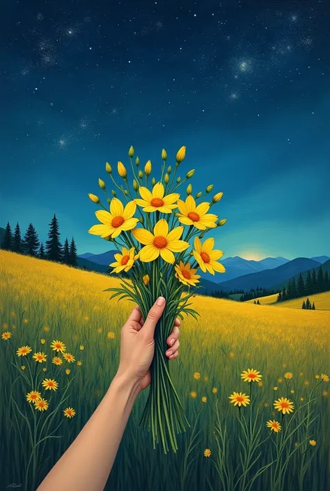 A hand holding yellow flowers With distant meadow background And starry night sky by vanh go
