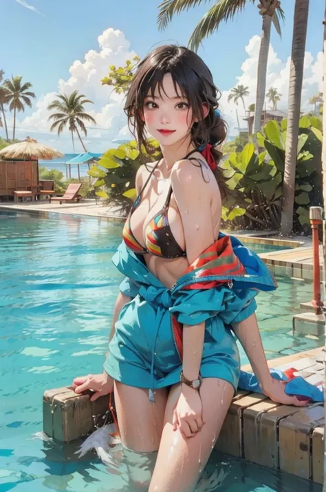 ((highest quality, masterpiece, High resolution)), ((reality)),Photos of beautiful Japanese women,((anime art))、 (((1 girl))), normal size breasts, slim body shape, long ponytail,double eyelid, micro bikini,Clean abs,muscular body, A pareo with bold ethnic...