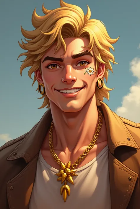 He’s tall, blond with curly hair. He’s smiling He has a flower tattoo on his right cheek. He has sharp cheekbones and wears a golden necklace. He’s strong