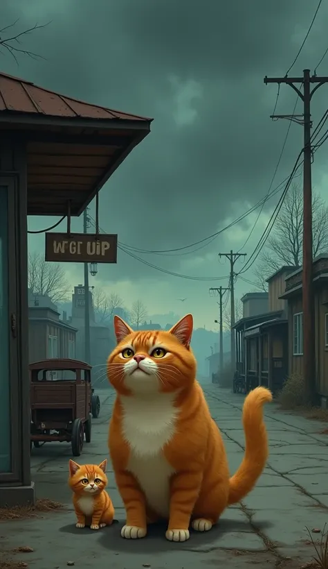 Fat orange cat stands at a bus stop with her orange kitten. The sky is overcast, and the big cat looks like she is waiting anxiously. The bus stop looks old and a bit deserted, with bus signs and old wagons in the background. The kitten clings to her mothe...