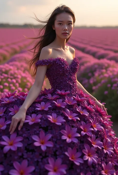 A 3D photo of a woman with captivating eyes wearing a mesmerizing very dark purple plumeria dress. The dress is formed by a breathtaking arrangement of deep purple plumerias in a field. The dress has a spiral pattern and is seamlessly connected. The vibran...