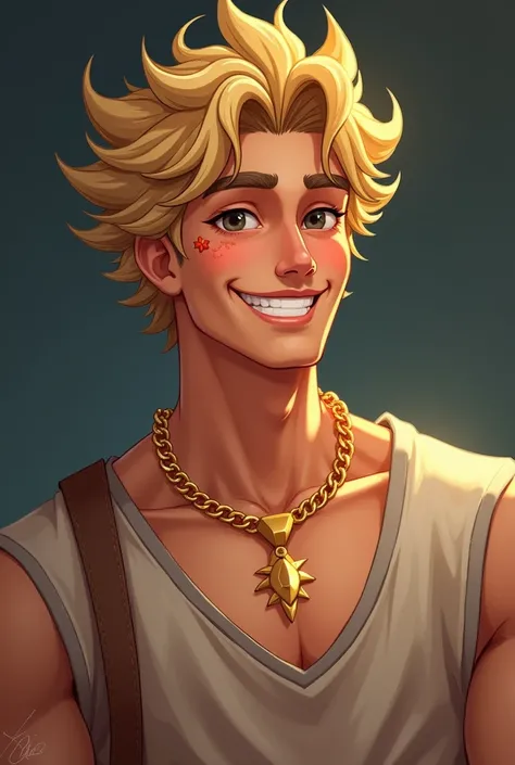 He’s tall, blond with curly hair. He’s smiling He has a flower tattoo on his right cheek. He has sharp cheekbones and wears a golden necklace. He’s strong