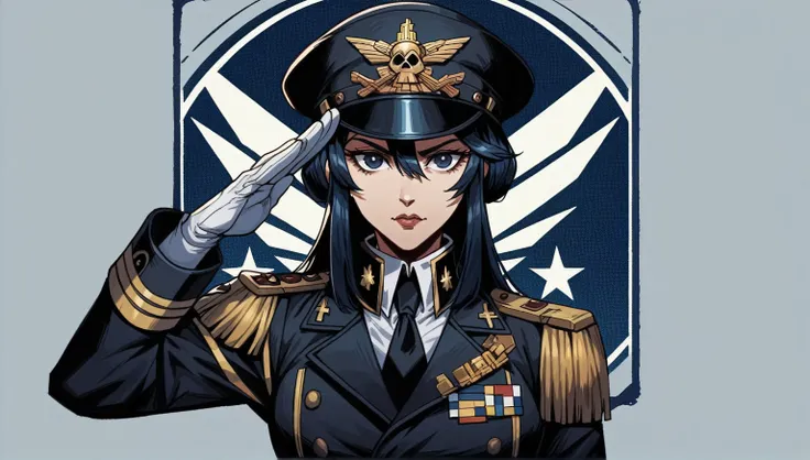 Guilty Gear style, Linda Hooker, female Space Forces captain in a classic military uniform style, blue dark eyes and blue dark hair, performing a salute. Background features a board with the Space Forces emblem: a stylized white star. The captain wears a t...