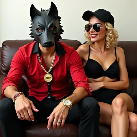 man 30 years old, latino, White skin, short black hair, Red long sleeve shirt with black stripes black collar, large gold watch on wrist, gold chain around the neck with the legend "PIMP", black dress pants, paper wolf mask, sitting on a brown leather sofa...