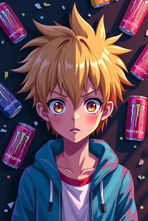 A boy anime character. with blond hair. The Monster Energy Drinks drinker. His pupils are small due to Monster Energy consumption. Monster Energy Drinks are scattered in the background. His name is Julian. His pupils are ultra small. 