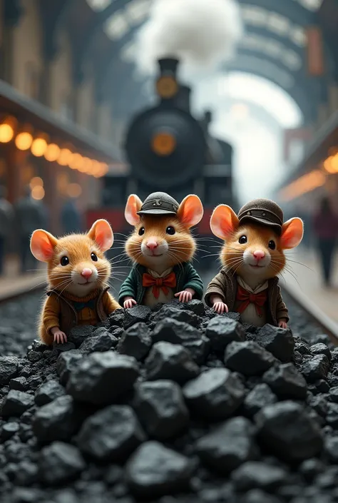 The three adventurous mice have changed their clothes, as they are now in the period of the first industrial revolution. In the picture, the adventurous mice should be hiding in a pile of coal. In the background, there should be a steam train. All this tak...