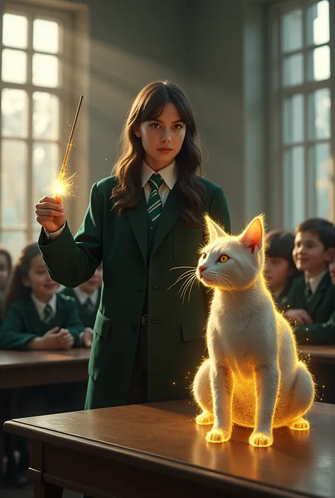 Create a scene of a young witch in her Hogwarts uniform standing in Professor McGonagall’s Transfiguration classroom. She’s a talented student, mid-spell, transforming a wooden chair into a sleek, silver cat. The cat glows faintly with magical energy as he...